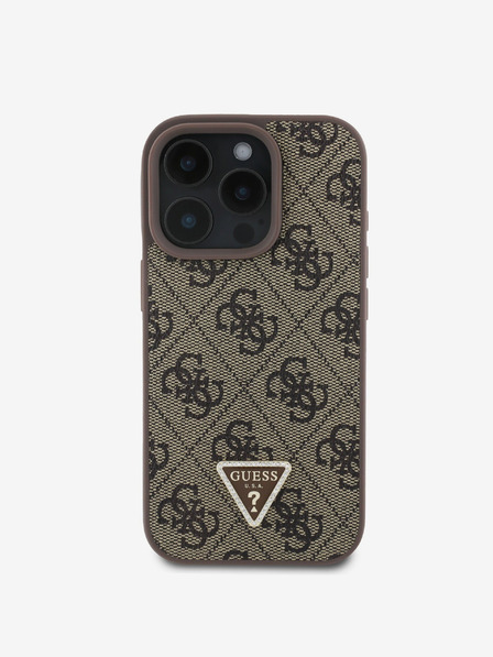 Guess PU 4G Strass Triangle Metal Logo Zadní Kryt + Crossbody Popruh pro iPhone 16 Pro Max Brown Carcasa de telefon