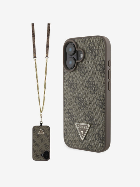 Guess Guess PU 4G Strass Triangle Metal Logo Back Cover + Crossbody Strap pentru iPhone 16 Brown