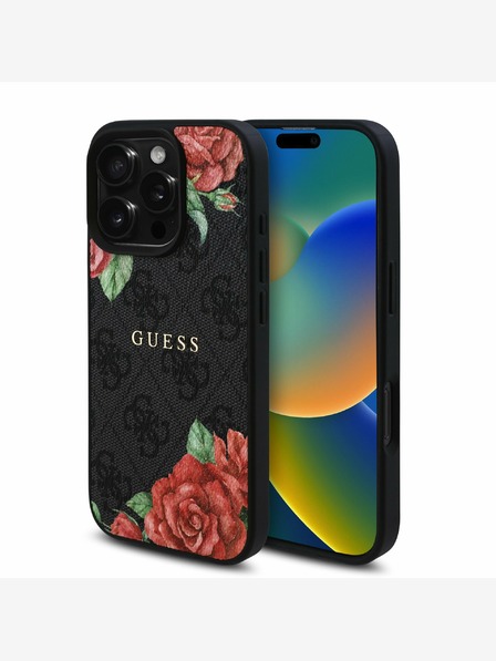 Guess Guess PU Leather 4G Roses MagSafe Back Cover pentru iPhone 16 Pro Max Negru