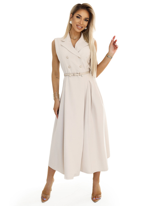 numoco Rochie cămașă midi elegantă cu nasturi aurii și curea - bej Numoco