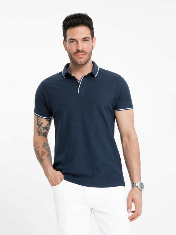 Ombre Clothing Tricou polo albastru închis fără nasturi pentru bărbați Ombre Clothing