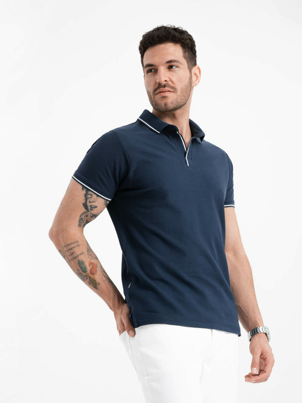 Ombre Clothing Tricou polo albastru închis fără nasturi pentru bărbați Ombre Clothing