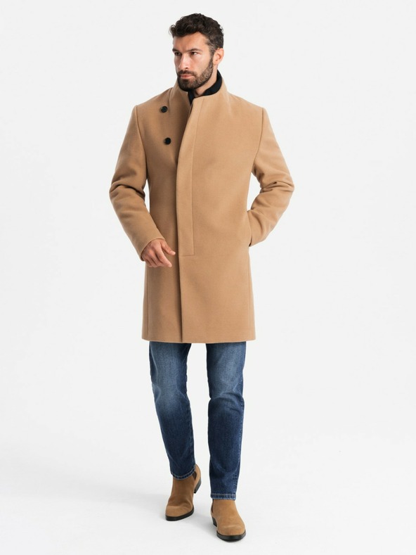 Ombre Clothing Palton bărbătesc cu închidere asimetrică și guler înalt maro deschis Ombre Clothing