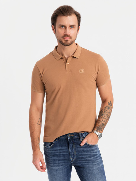 Ombre Clothing Tricou polo din bumbac pentru bărbați BASIC - alb/alb/maro deschis V6 OM-POBS-0133 Ombre Clothing