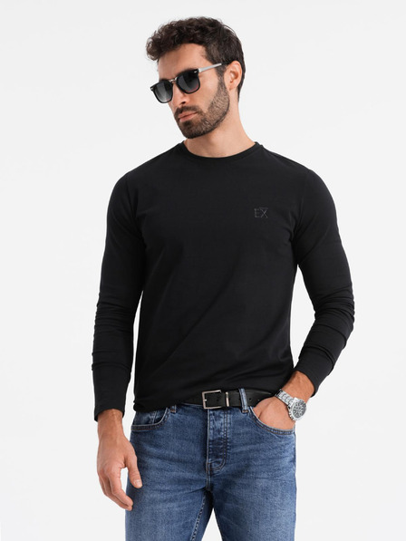 Ombre Clothing Tricou SLIM FIT cu mânecă lungă în V, pentru bărbați, cu elastan și imprimeu negru Ombre Clothing