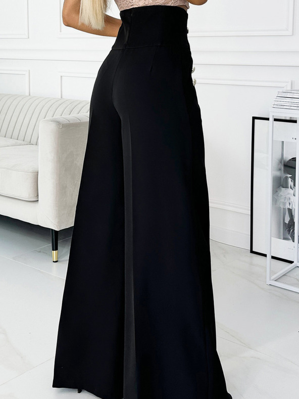 numoco Pantaloni eleganți negri pentru femei cu talie înaltă și picior lat, cu nasturi aurii Numoco