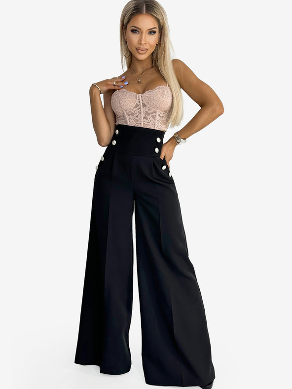 numoco Pantaloni eleganți negri pentru femei cu talie înaltă și picior lat, cu nasturi aurii Numoco