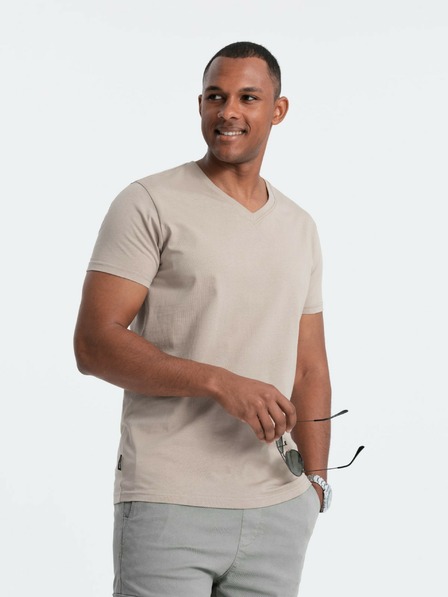 Ombre Clothing Tricou clasic BASIC cu decolteu în V din bumbac pentru bărbați - nisip V5 OM-TSBS-0145 Ombre Clothing