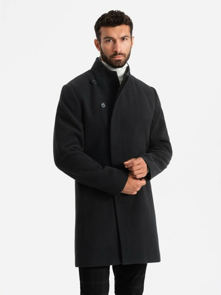 Ombre Clothing Palton bărbătesc cu guler înalt și închidere asimetrică negru Ombre Clothing