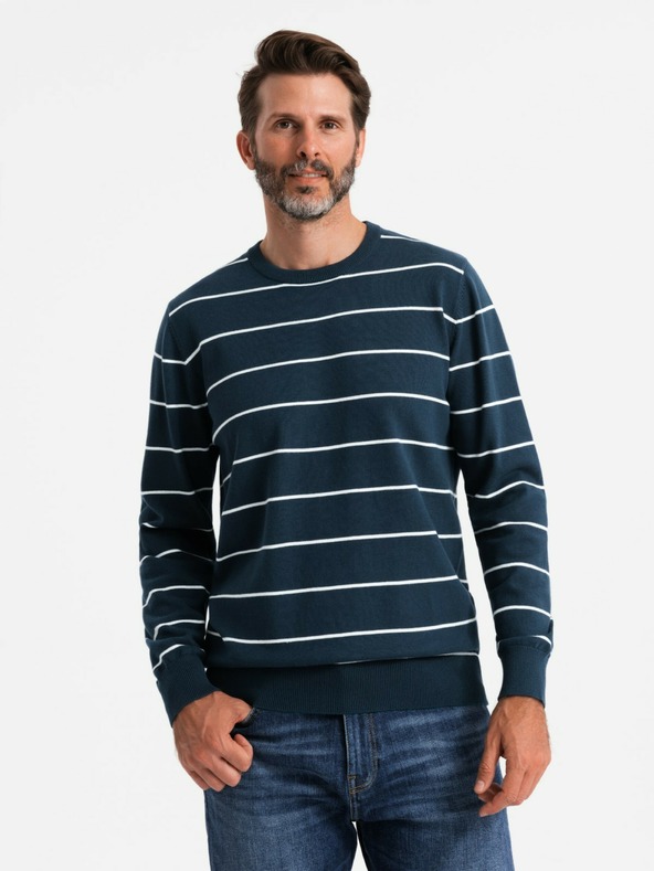 Ombre Clothing Pulover casual pentru bărbați cu dungi orizontale albastru închis Ombre Clothing