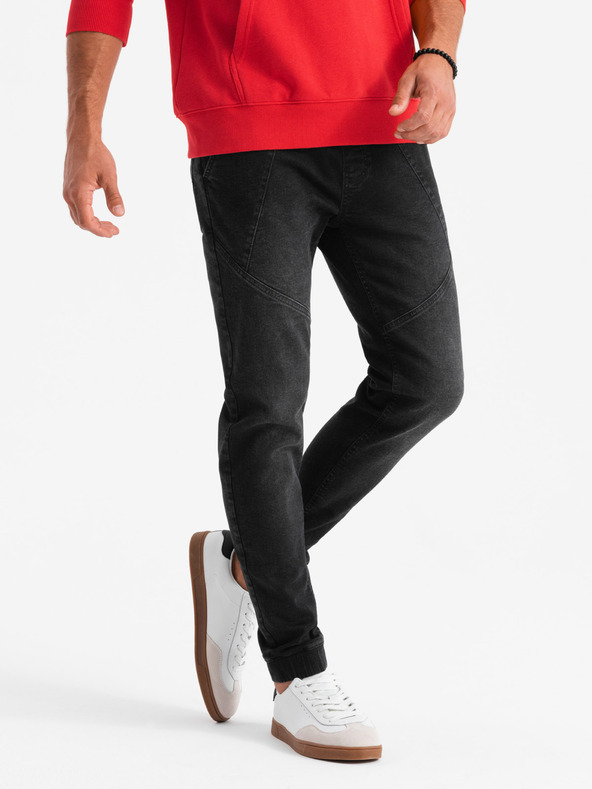 Ombre Clothing Pantaloni de trening din denim pentru bărbați cu cusături asimetrice negru Ombre Clothing