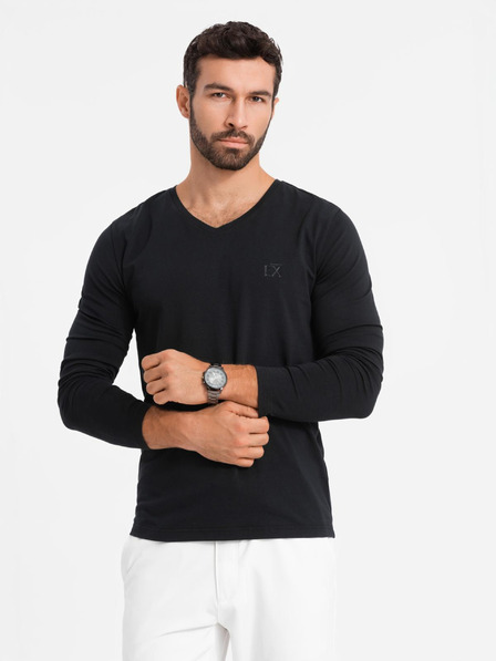 Ombre Clothing Tricou SLIM FIT pentru bărbați cu gât în V, cu elastan și imprimeu negru Ombre Clothing