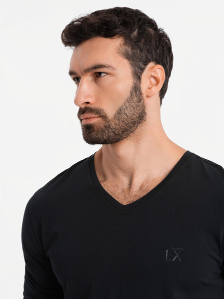 Ombre Clothing Tricou SLIM FIT pentru bărbați cu gât în V, cu elastan și imprimeu negru Ombre Clothing