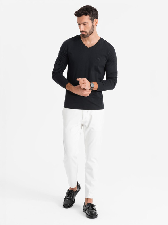 Ombre Clothing Tricou SLIM FIT pentru bărbați cu gât în V, cu elastan și imprimeu negru Ombre Clothing