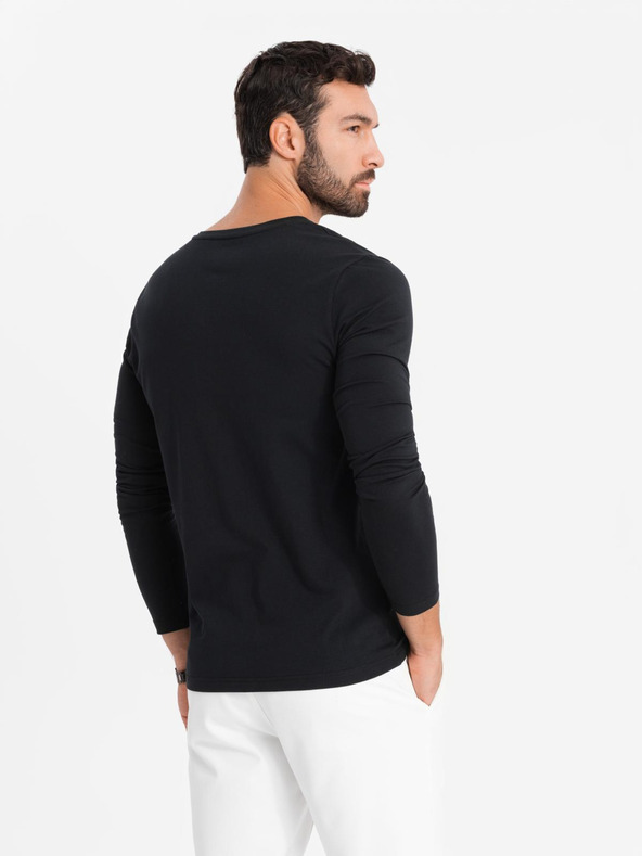 Ombre Clothing Tricou SLIM FIT pentru bărbați cu gât în V, cu elastan și imprimeu negru Ombre Clothing