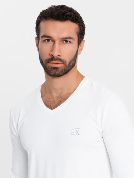 Ombre Clothing Tricou bărbătesc SLIM FIT cu mânecă lungă și gât în V, cu elastan și imprimeu alb Ombre Clothing