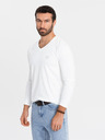 Ombre Clothing Tricou bărbătesc SLIM FIT cu mânecă lungă și gât în V, cu elastan și imprimeu alb Ombre Clothing