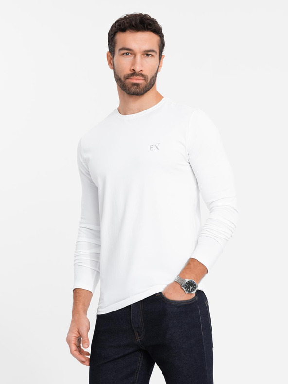 Ombre Clothing Tricou cu mânecă lungă SLIM FIT pentru bărbați, cu elastan și imprimeu alb Îmbrăcăminte Ombre