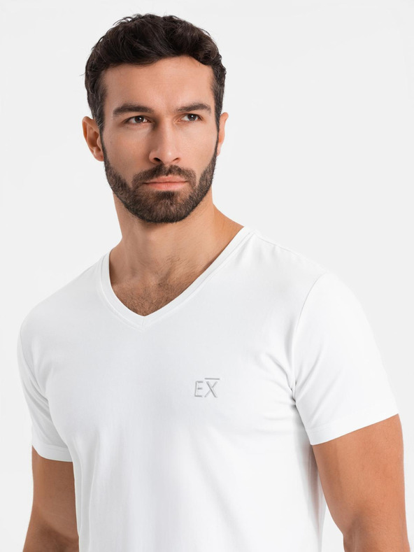 Ombre Clothing Tricou SLIM FIT V-neck pentru bărbați cu elastan și imprimeu alb Ombre Clothing