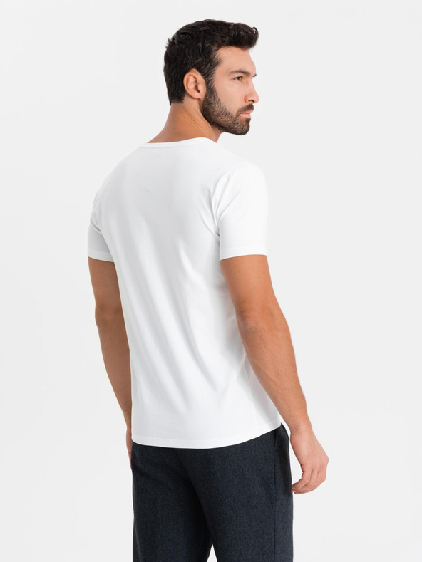 Ombre Clothing Tricou SLIM FIT V-neck pentru bărbați cu elastan și imprimeu alb Ombre Clothing
