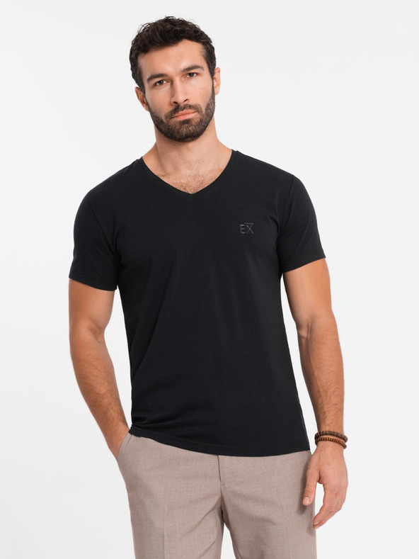 Ombre Clothing Tricou SLIM FIT pentru bărbați cu decolteu în V, elastan și imprimeu negru Ombre Clothing