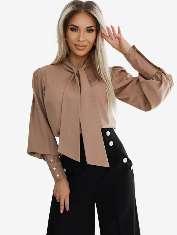 numoco Bluză cu mânecă lungă de damă maro cu cravată și nasturi Numoco