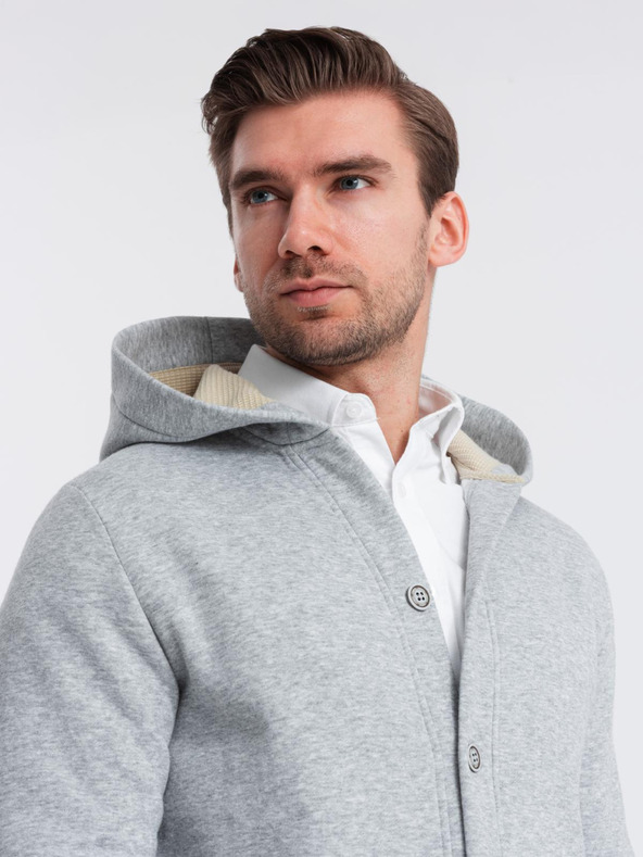 Ombre Clothing Hanorac cu glugă cu nasturi pentru bărbați - gri melange V2 OM-SSZP-0186 Ombre Clothing