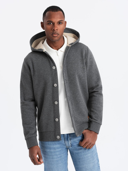 Ombre Clothing Hanorac cu glugă cu nasturi pentru bărbați - melange grafit V4 OM-SSZP-0186 Îmbrăcăminte Ombre