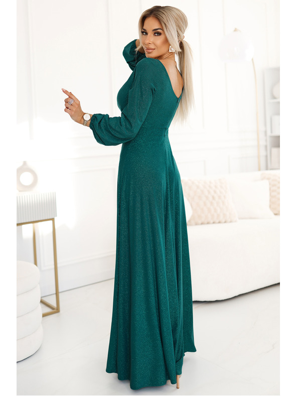 numoco Rochie lungă lucioasă cu gât rotund, mâneci lungi și tăietură pe picior Numoco