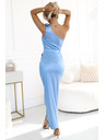 numoco 580-4 AURORA Rochie lungă din satin cu un umăr, cu trandafiri - albastru deschis