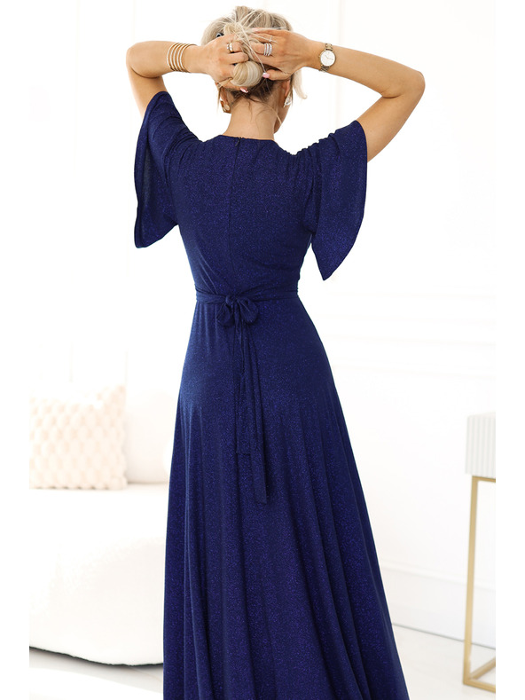 numoco Rochie strălucitoare cu mânecă lungă și decolteu - albastru închis cu sclipici Numoco