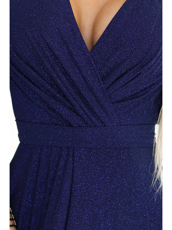 numoco Rochie strălucitoare cu mânecă lungă și decolteu - albastru închis cu sclipici Numoco