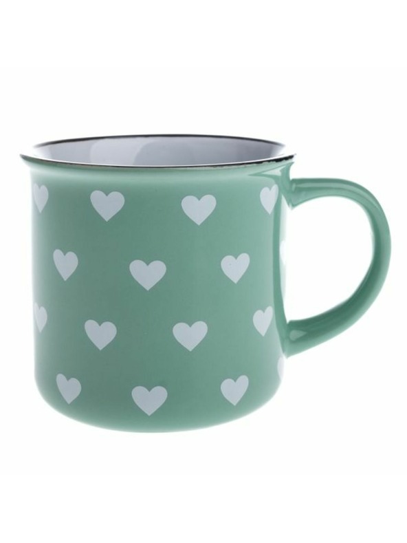 Casa de Engel Cană ceramică, verde deschis cu inimițe albe, 400ml, 12/36