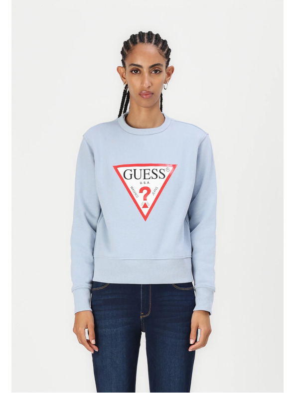 Guess Jeans Hanorac albastru deschis pentru femei cu logo mare triunghiular Guess jeans