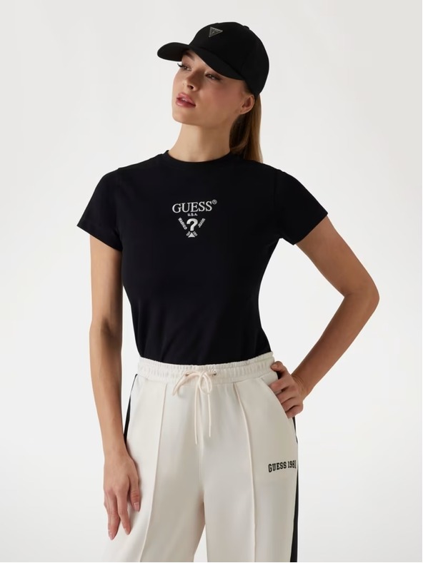 Guess Jeans Tricou negru pentru femei cu logo frontal Guess jeans