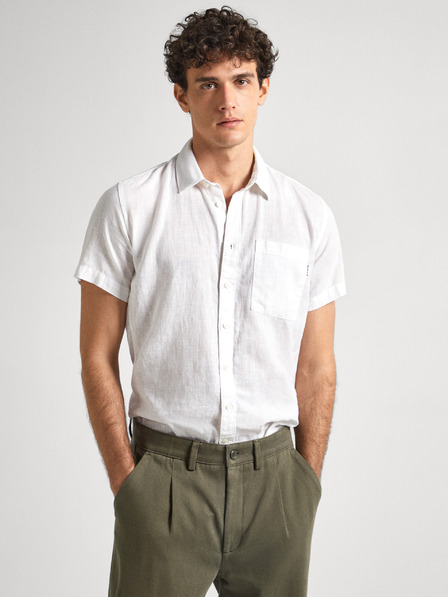 Pepe Jeans Cămașă albă din in cu mânecă scurtă pentru bărbați Pepe Jeans