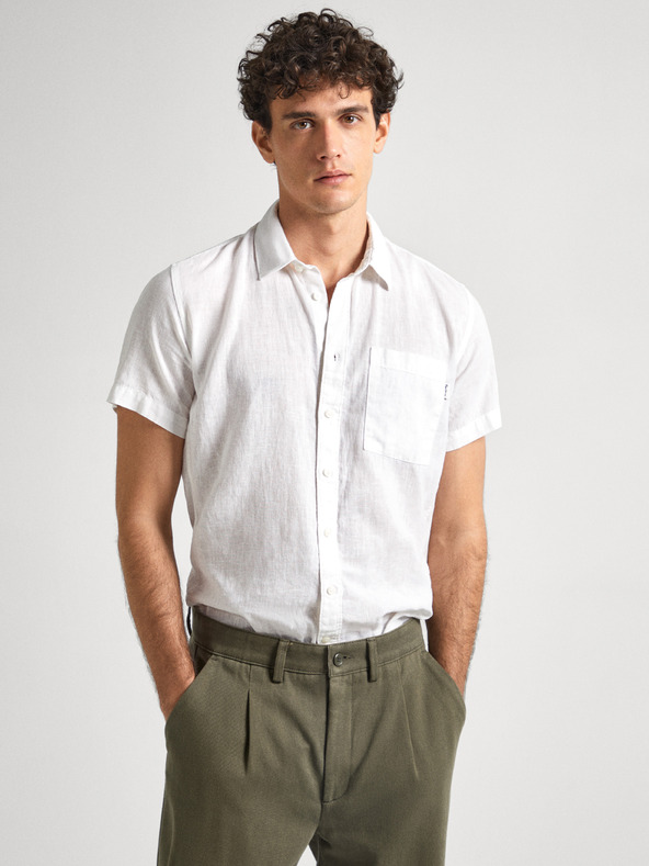 Pepe Jeans Cămașă albă din in cu mânecă scurtă pentru bărbați Pepe Jeans