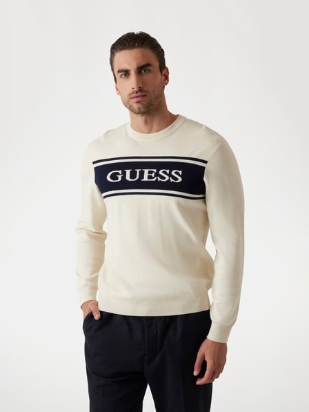 Guess Jeans Pulover alb cu dungi pentru bărbați Guess jeans