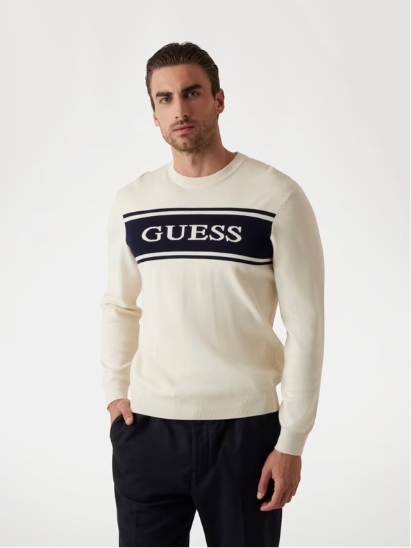 Guess Jeans Pulover alb cu dungi pentru bărbați Guess jeans