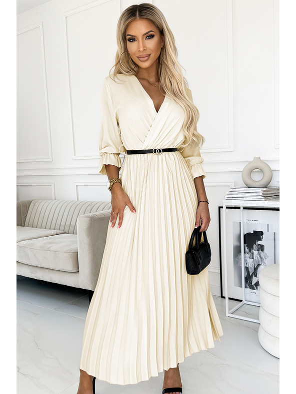 numoco Rochie maxi plisată cu decolteu, curea și mâneci 3/4 - Numoco