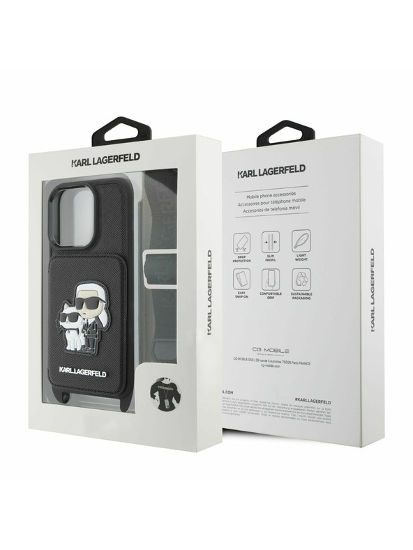 Karl Lagerfeld Husă cu curea crossbody Karl Lagerfeld Saffiano Karl and Choupette pentru iPhone 16 Pro Black