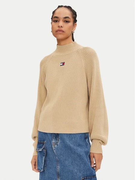 Tommy Jeans Pulover bej pentru femei Tommy Jeans Badge Rib-Knit Gentle Gold