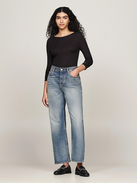 Tommy Hilfiger Tricou subțire cu nervuri negre cu mânecă lungă pentru femei Tommy Hilfiger