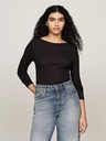 Tommy Hilfiger Tricou subțire cu nervuri negre cu mânecă lungă pentru femei Tommy Hilfiger