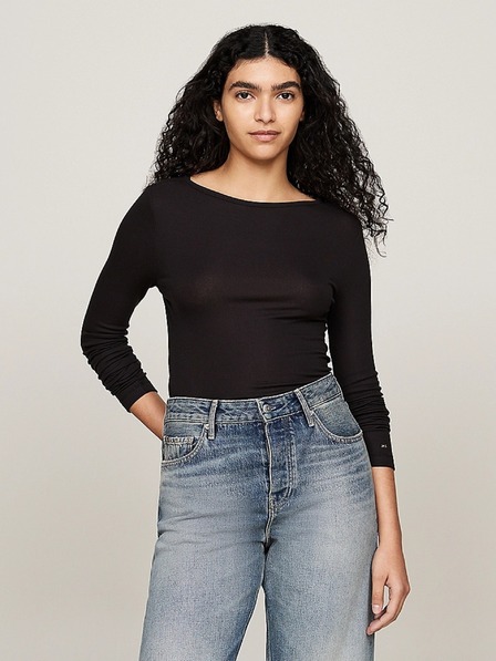 Tommy Hilfiger Tricou subțire cu nervuri negre cu mânecă lungă pentru femei Tommy Hilfiger