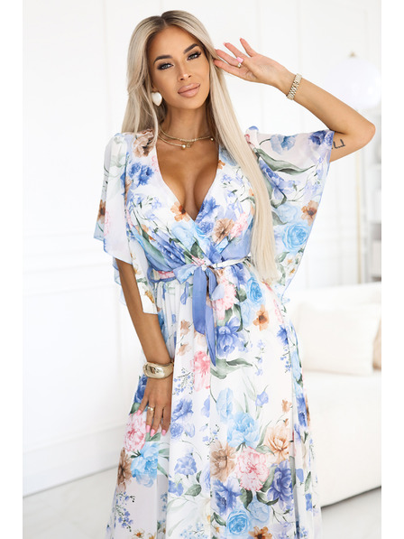 numoco Rochii maxi lejere cu înfășurare și imprimeu floral cu trandafiri albaștri