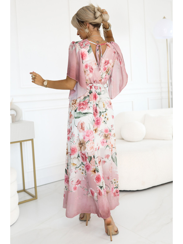 numoco Rochii maxi lejere cu înfășurare și imprimeu floral cu trandafiri roz