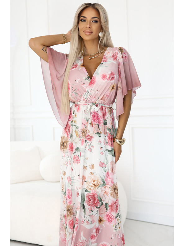 numoco Rochii maxi lejere cu înfășurare și imprimeu floral cu trandafiri roz