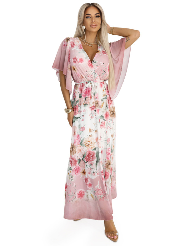 numoco Rochii maxi lejere cu înfășurare și imprimeu floral cu trandafiri roz