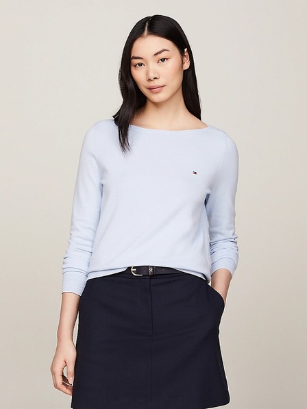 Tommy Hilfiger Pulover subțire tricotat pentru femei, în nuanță deschisă de albastru, cu decolteu tip barcă Tommy Hilfiger